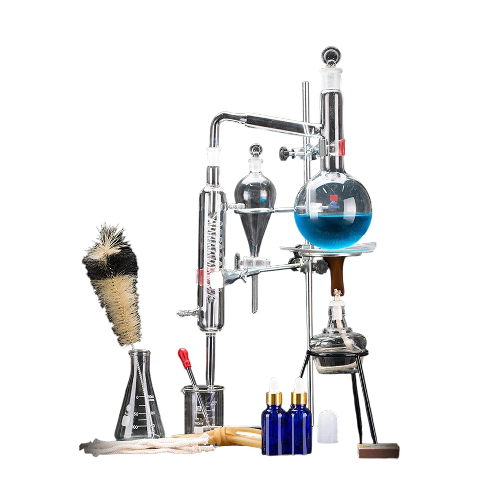 Kit per distillazione in laboratorio, apparecchio per distillazione a vapore in vetro per chimica, kit per distillatore di oli essenziali da 500 ml, attrezzatura per distillazione in vetro da