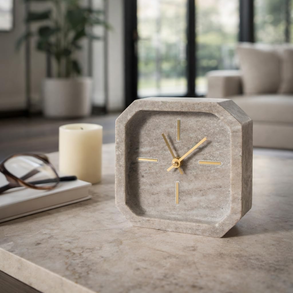 Octagon Marble Table Clock for Living Room and Office Decor - Small Decorative Desk Clock for Mantel, Shelf, Console, and Table - Home Time Display for Tabletop or Workspace - 6", Brown & Gold
