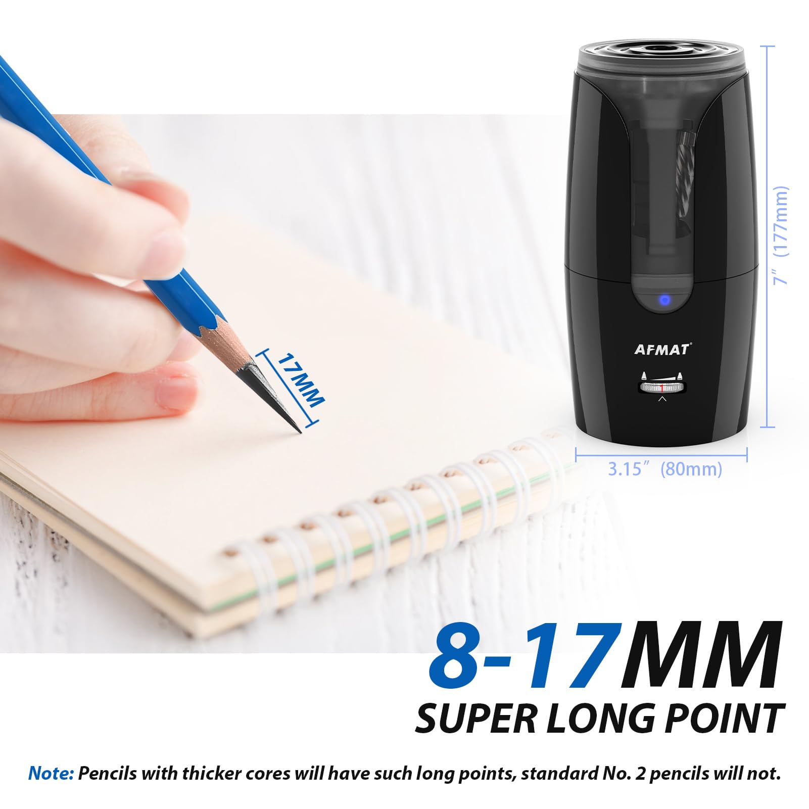 AFMAT PS29 - Sacapuntas recargable de punta larga para artistas, afilado rápido y parada automática, punta larga de 8 a 17 mm, sacapuntas eléctrico para lápices de colores φ6-12 mm, carbón/dibujo