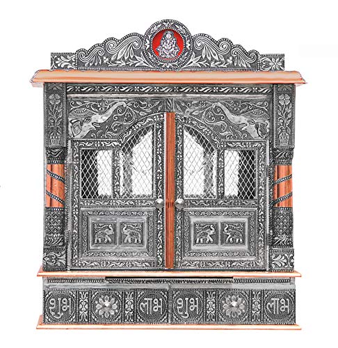 Home Pooja Wooden Mandir with Copper Oxidized Plated Puja Temple - Fully Assembled - 22 Inches with Doors