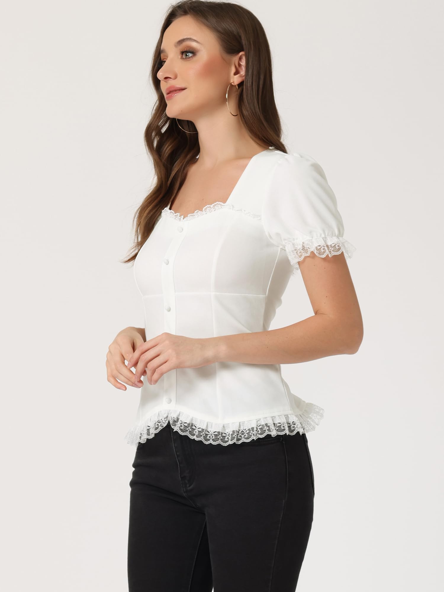 Allegra K Camisa Victoriana para Mujer con Cuello en Forma de Corazón Y Manga Corta con Cordones Y Blusa Gótica