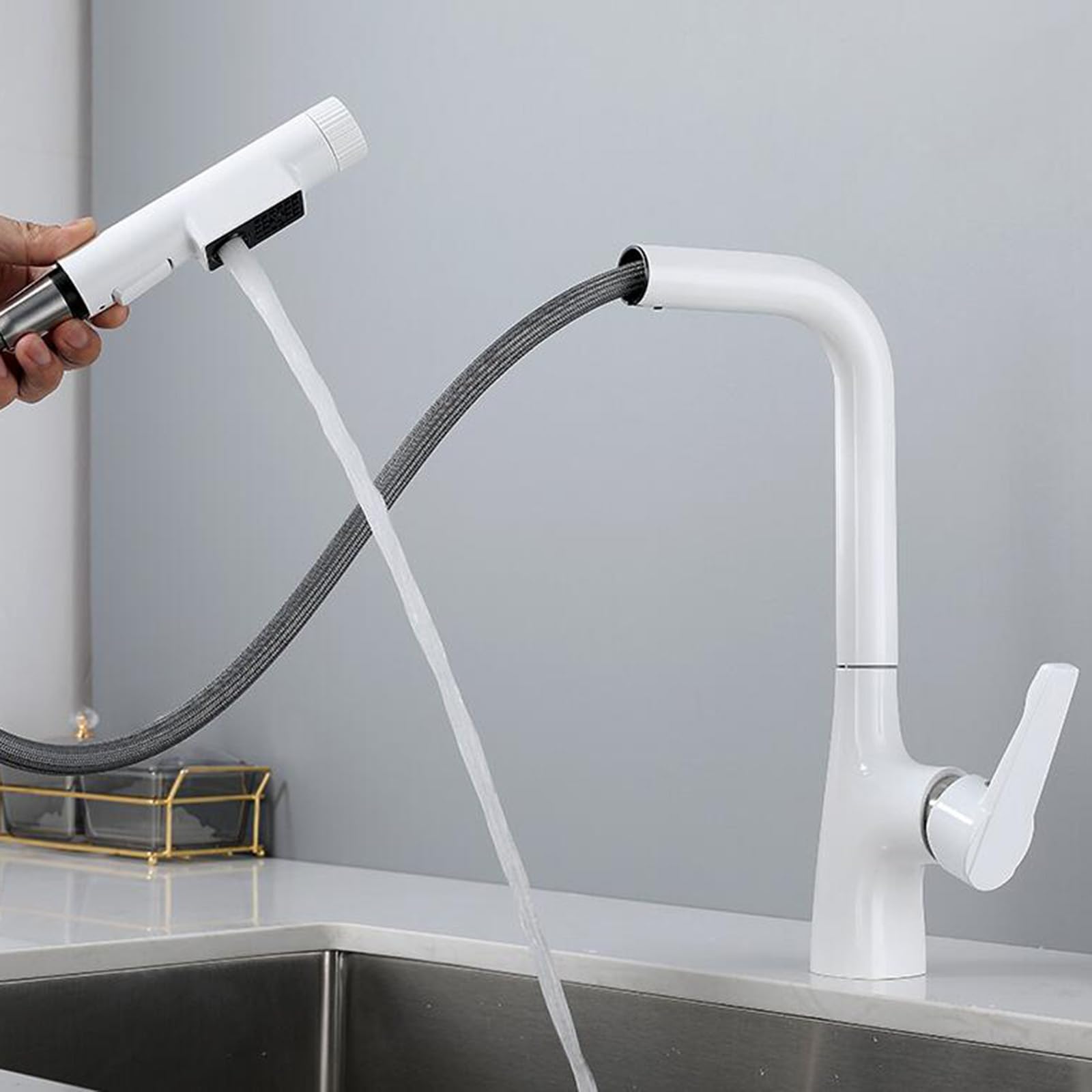 Zqfhsx White 3 Way Kitchen Faucet With Pull Out Spray In 1 Mixer Tap For Hot Cold & Purified Water Swivel Brass Design Modern Grey Sink