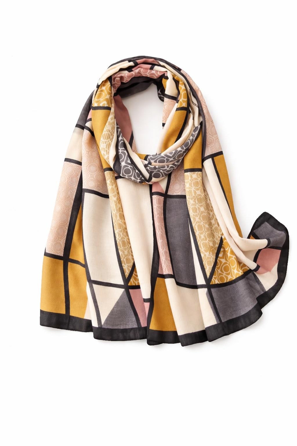 Brightonce Fashion Women’s Geometric Patchwork Printed Viscose Scarf Stole Shawl Dupatta | Soft Lightweight Stylish Hijab | Elegant Multicolor Beige, Mustard & Black Long Wrap (185×90 cm)-image-2