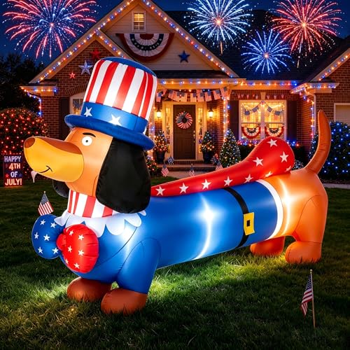 TISEJOY 8 FT Long 4th of July Inflatables Yard Decorations Dachshund 4th of July Blow Ups Outdoor Waterproof with Built-in Bright LED Lights for Neighborwars