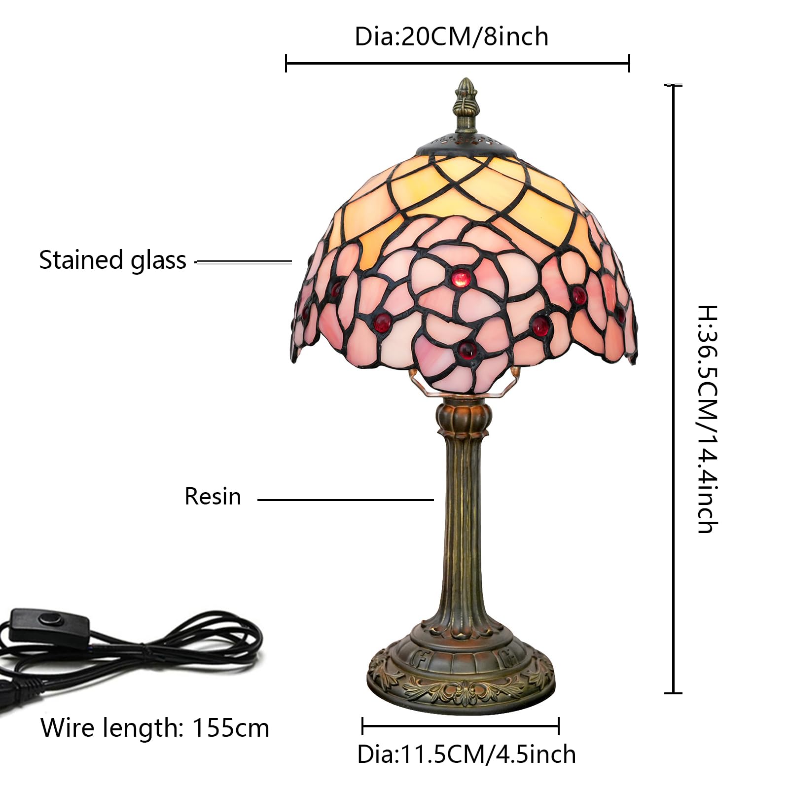 Lampe de table en verre teinté Tiffany 8X8X14 pouces Lampe de lecture de bureau Décor à côté de la chambre Salon Maison (fleur de cerisier)