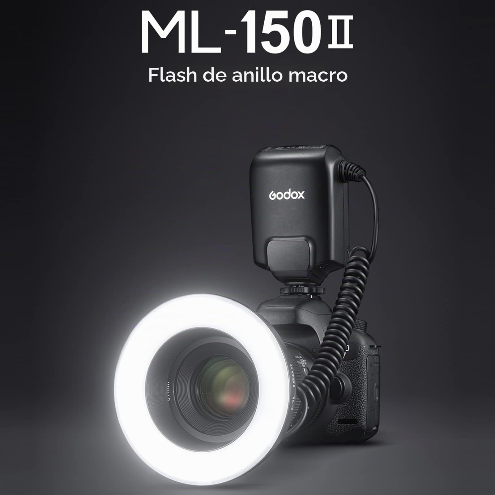 Godox ML-150II,Luz de flash para macro, universal, 11 niveles de brillo, 5800 K ± 200 K GN12 Fast Recycle 1/200s-1/5000s, con 8 anillos adaptadores, para cámara réflex Canon Nikon Sony DSLR