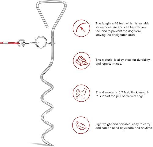 Miniatura 6 de Relux Cable y estaca de amarre para perros, correa de perro de 30 pies para entrenamiento en el patio, correr, senderismo, campamento, con anclaje