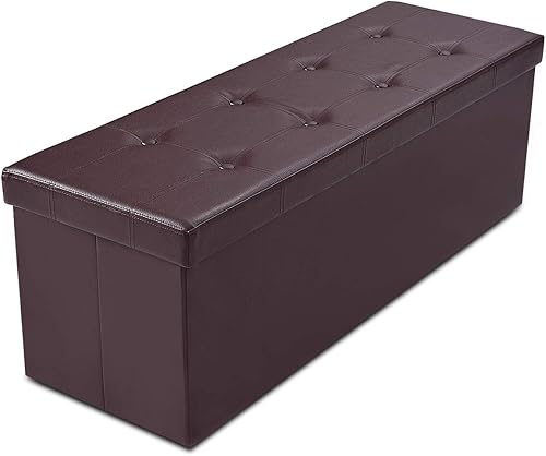 Banco otomano de almacenamiento de 45 pulgadas, reposapiés plegable, asiento de pecho de piel sintética de 165 L, asiento largo plegable vintage