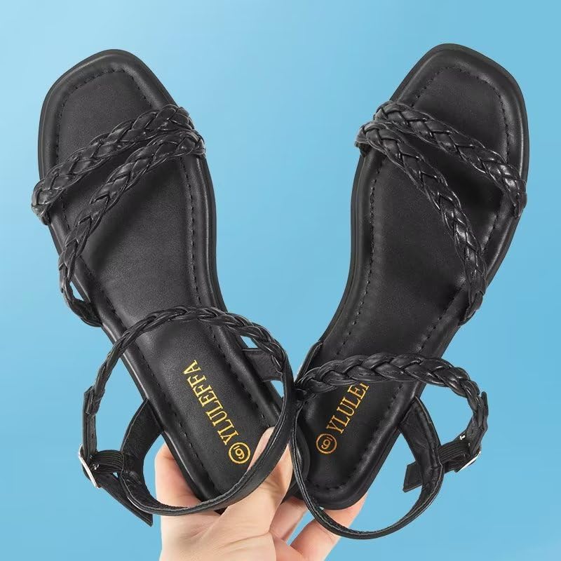 Women's Braided Flat Sandals - Comfortable Cute Square Open Toe Slingback Summer Shoes with Adjustable Ankle Buckle3