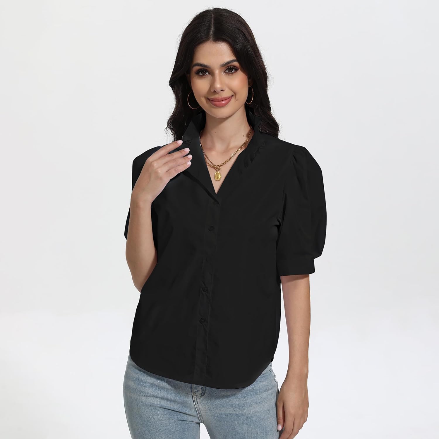 SUNNOW Women's Summer Top Ruffle Stand Collar Button Down Shirt Tailored Puff Sleeves Blouse Basic Simple Shirts - Image 5