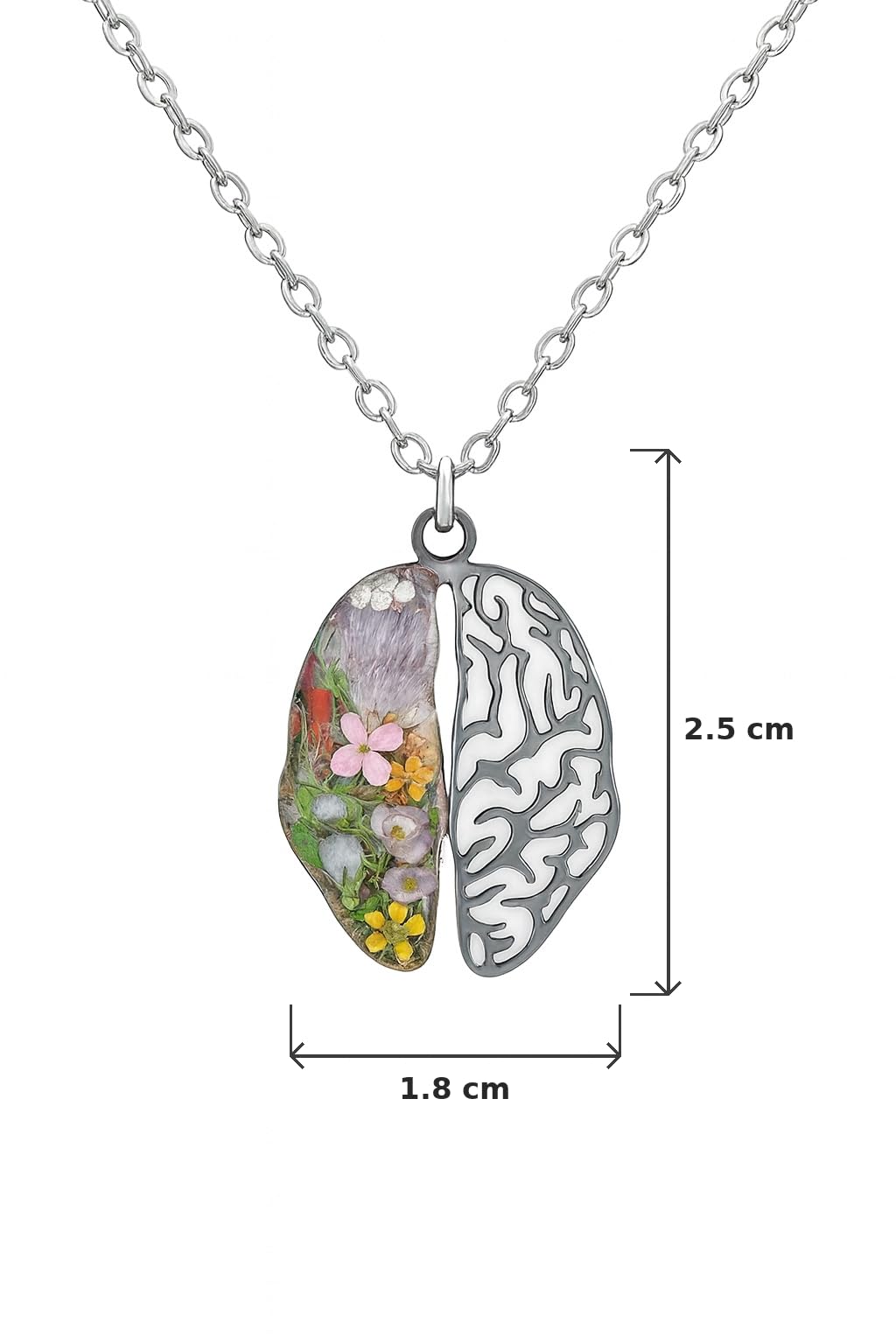 Generico BeFloral Collana Donna Acciaio Inossidabile Argento, Ciondolo Cervello con Fiori Veri in Resina (Botanico + Traforato), Idea Regalo Psicologa/Medico/Laurea