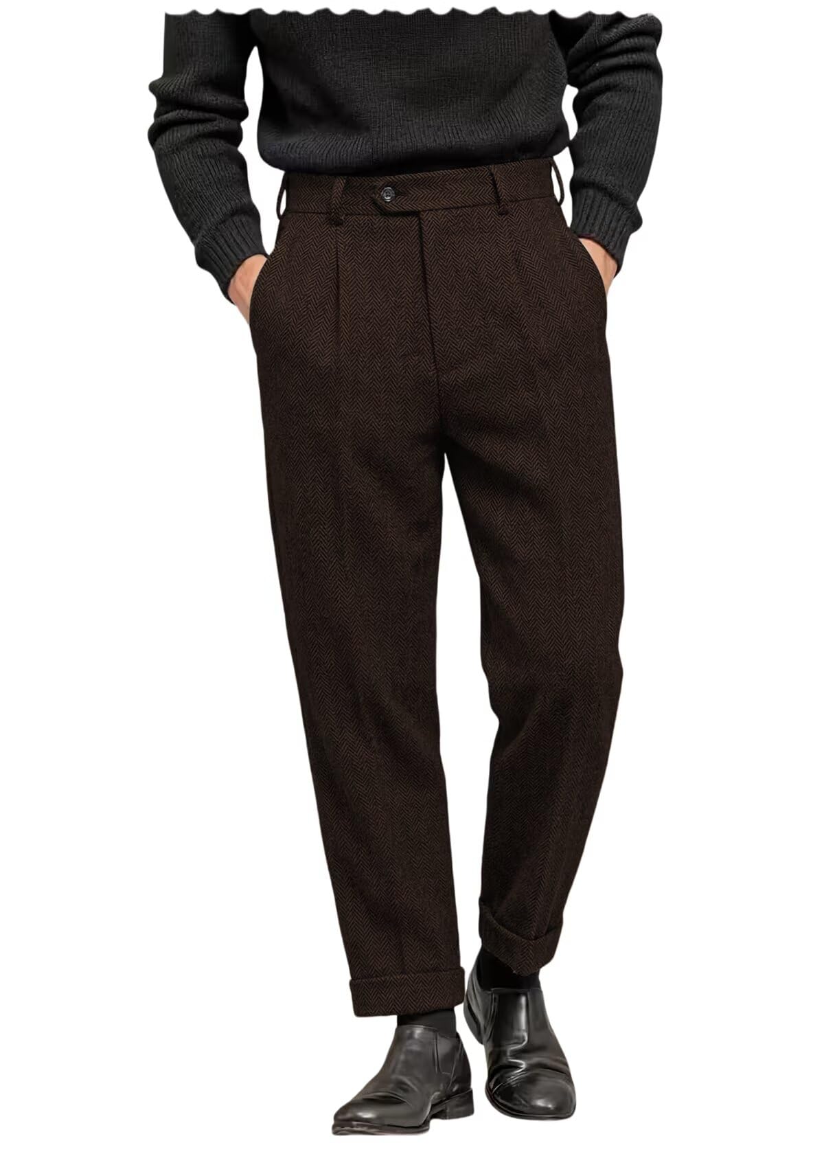 Abito da uomo Pantaloni a spina di pesce Tweed Abito Vintage Pantaloni Casual Spessa Lana Pieghe Anteriore