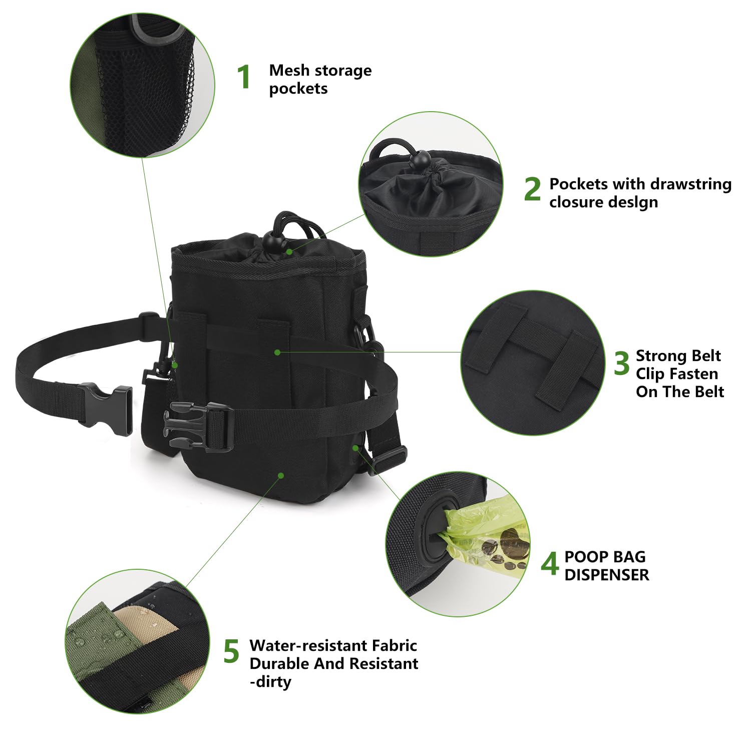 OWill Dog Treat Pouch Bag with 2 Roll of Poop Bags, 5 Pockets Dog Walking Bag - Image 3