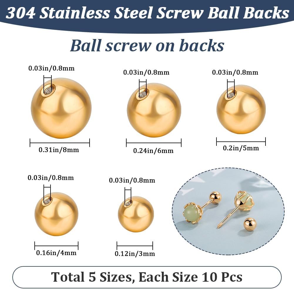 Beebeecraft 1 Box 50Pcs Golden Earring Backs 304 Stainless Steel Round Screw Ball Backs Stoppers Post Studs for Jewelry Making Earring Piercing Supplies Findings 3/4/5/6/8mm