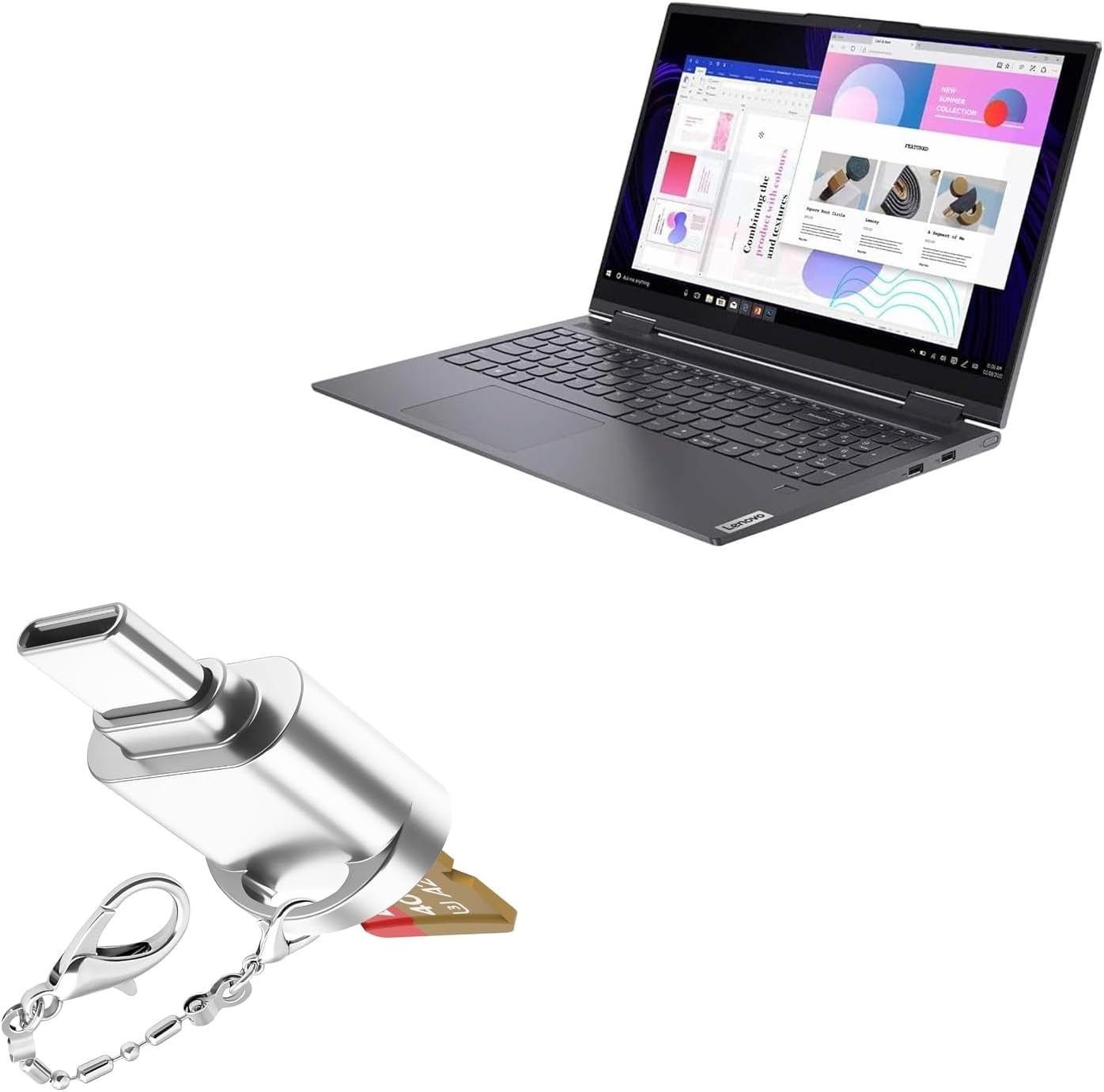 BoxWave Adapter Compatible with EYY 2 in 1 Laptop Computer Model Yoga 3200U (15.6 in) - Micro SD Card miniReader, USB Type-C OTG Reader USB3.0 Adapter Keychain - Metallic Silver