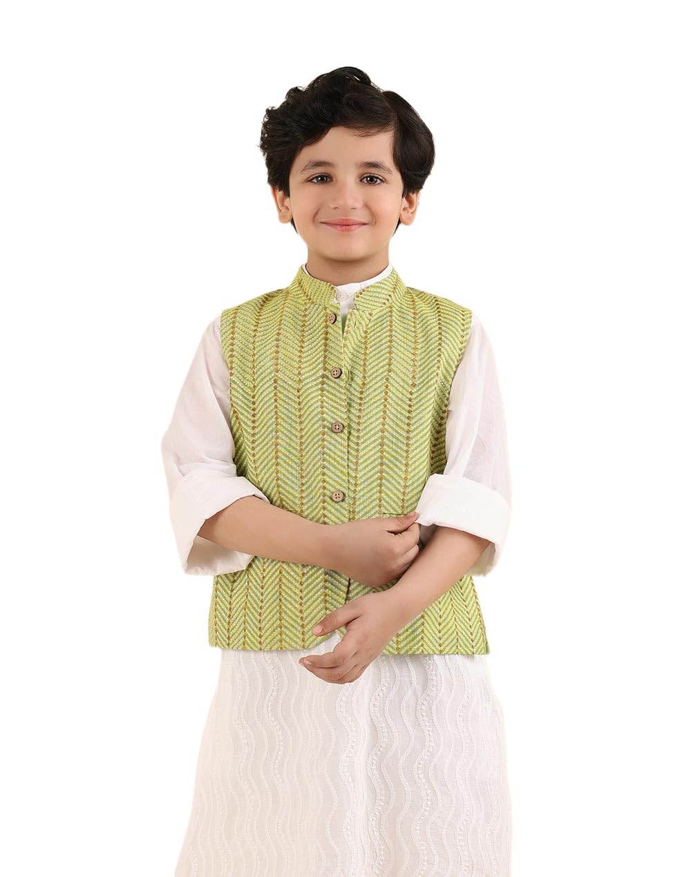 Fabindia Giacca Nehru con colletto mandarino stampato verde per bambini, verde, 3-4 anni