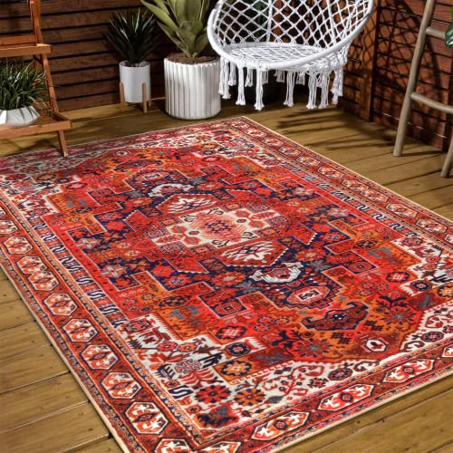 Seavish Washable Area Rug 3X5 Orange Medallion Distressed Persian Rug Low Profile Traditional Oriental Rug Non-Shedding Indoor Outdoor Patio Kitchen Entryway Bedside Laundry Room Accent Rug #TOP5