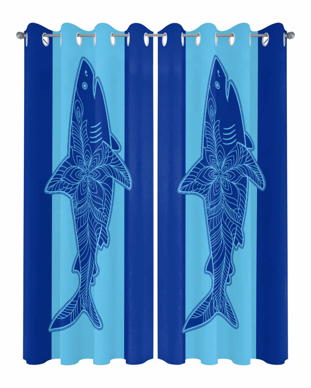 Waterproof Outdoor Curtains for Patio Porch, Modern Abstract Blue Shark Stripe Grommet Curtain Panel Windproof Outside Curtains Tieback, Summer Coastal Style Weighted Window Treatment Drapes