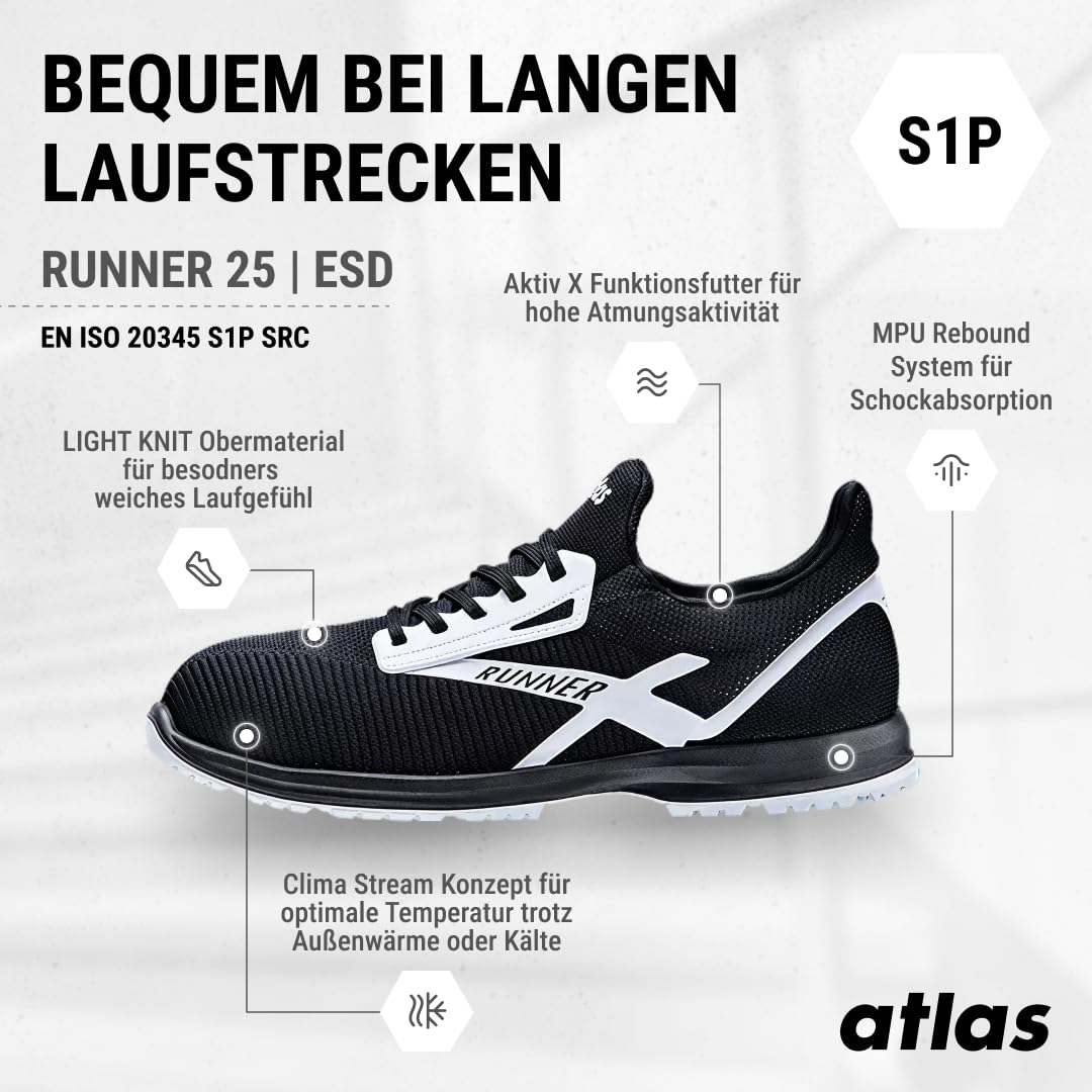 Atlas Runner 25 ESD Sicherheitschuhe Arbeitsschuhe für Herren und Damen S1P leicht, atmungsaktiv, Stahlkappe, Durchtrittschutz, ESD Weite 10