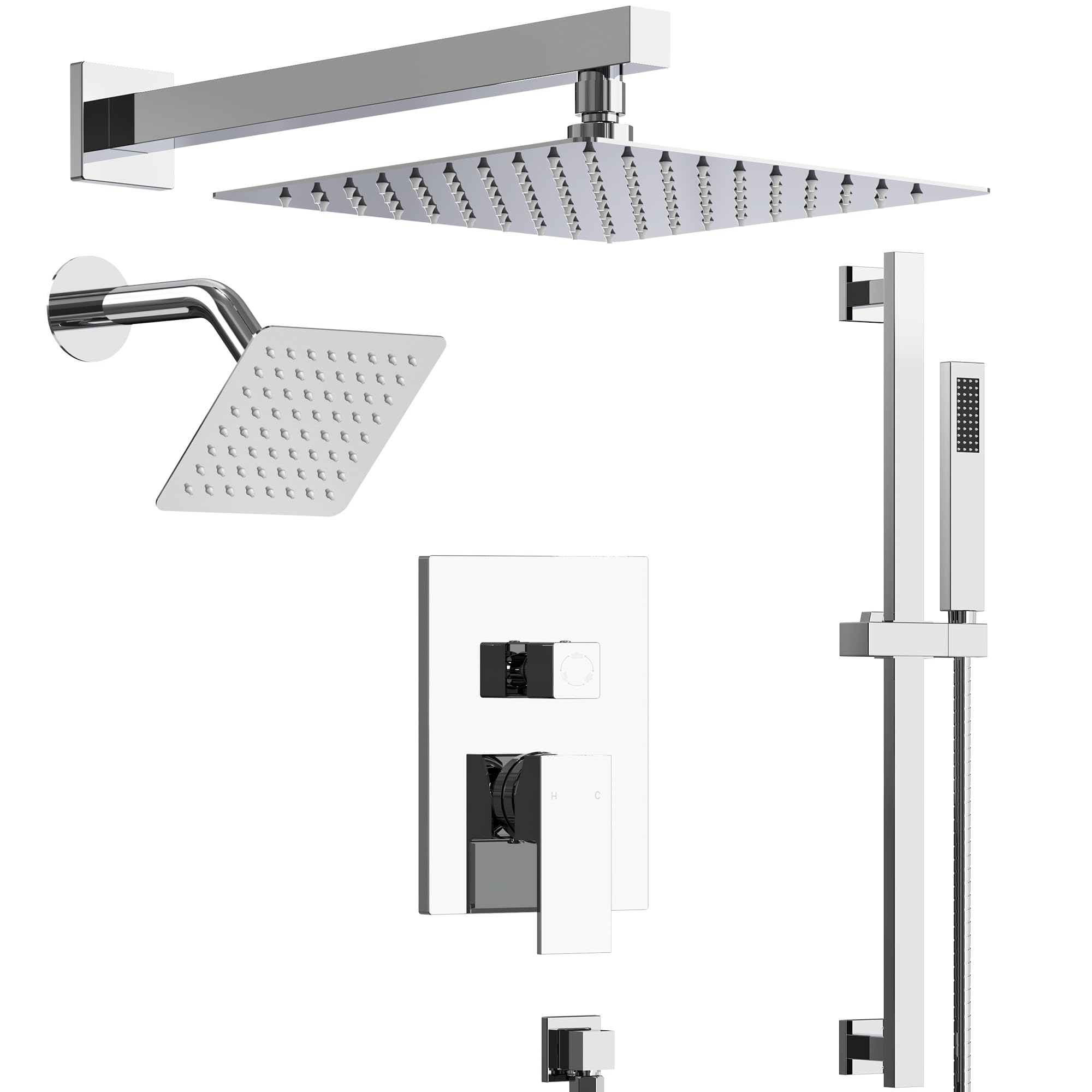 10" High-Pressure Rainfall Shower Faucet with Handheld Spray, Wall Mount Dual Shower Head System with Slide Bar (Polished Chrome)