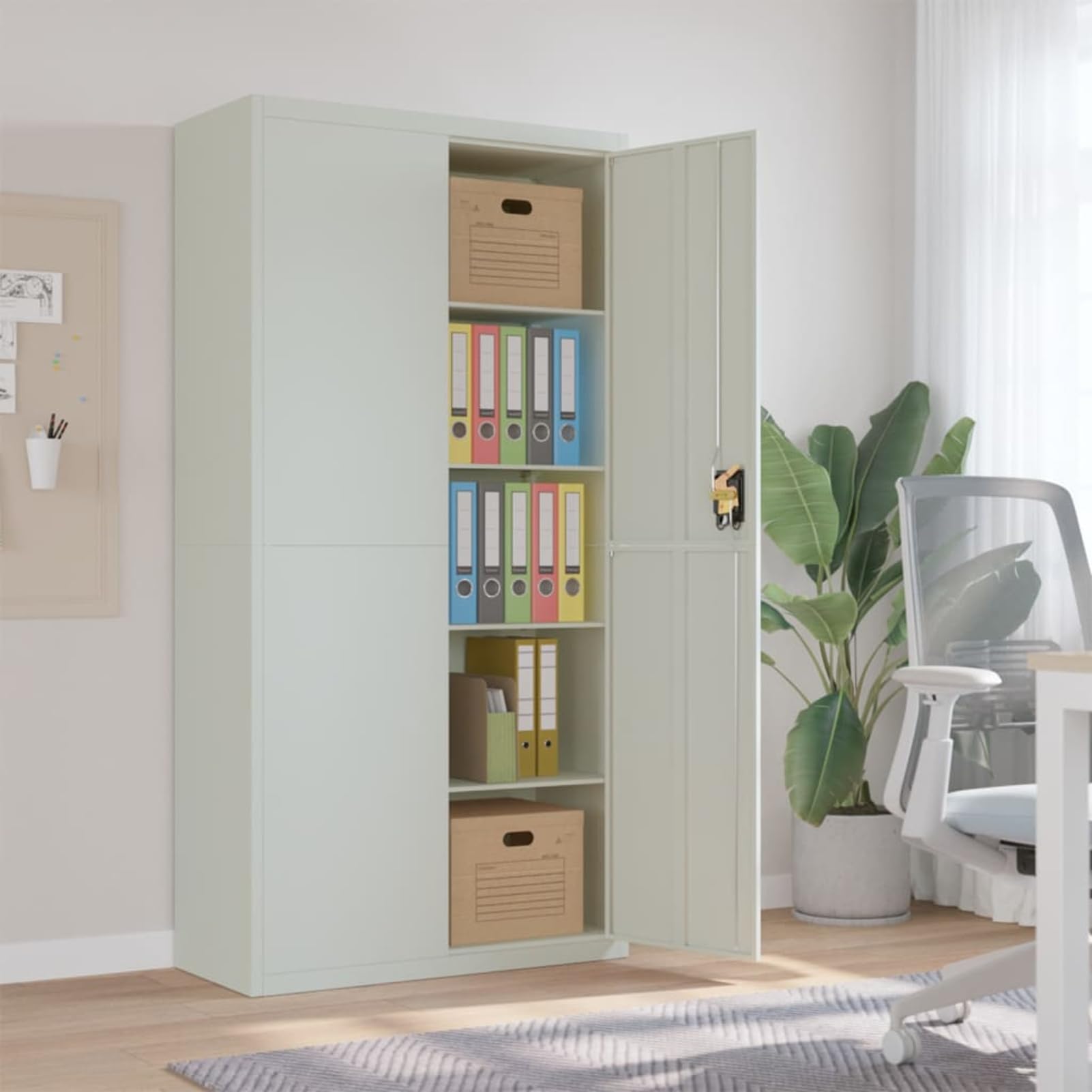 Szafka na akta, jasnoszara, 90 x 40 x 180 cm, 4 regulowane półki, zamykana, stal malowana proszkowo, do organizacji biura