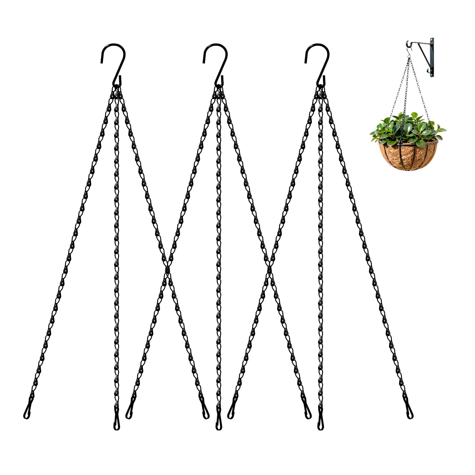 Bamworld 3 Pack Hanging Basket Chains, 45cm 3-Leg Metal Chain Hanger with Hook for Outdoor Hanging Baskets, Planters & Bird Feeders, Sturdy Replacement Bracket - Black