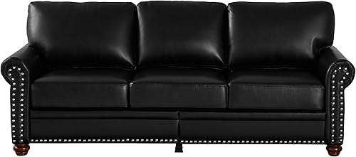 Miniatura 7 de Sofá moderno de 3 plazas de piel sintética de mediados de siglo con almacenamiento y brazos enrollados, acento de ribete de clavos, cómodo sofá para