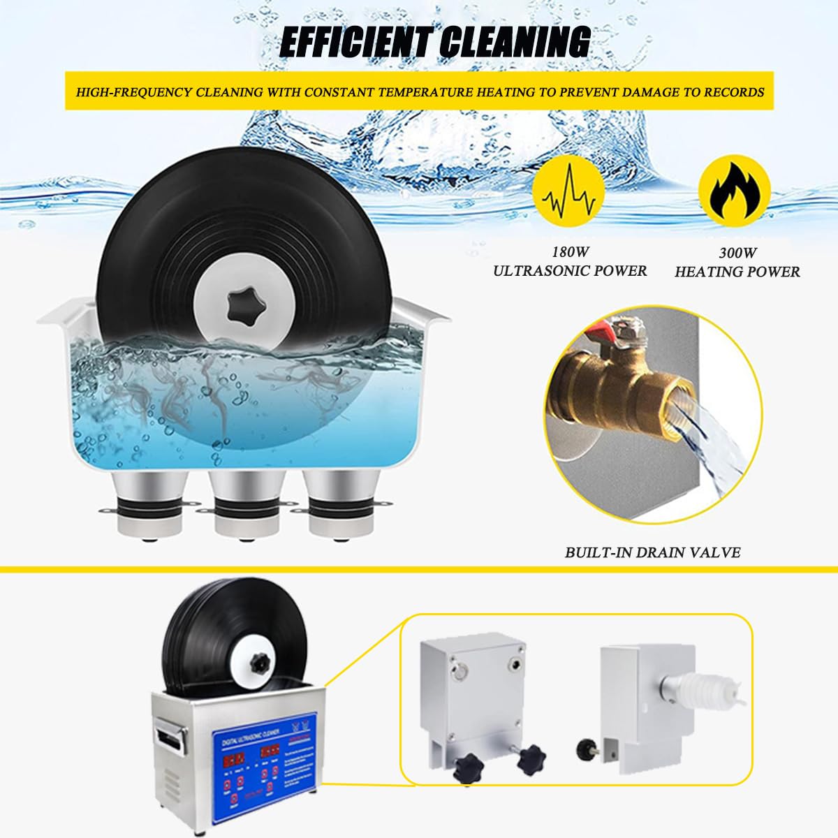 Macchina pulitore ad ultrasuoni per dischi in vinile, 180 W, 40 kHz, sistema di pulizia profonda per gioielli e dischi, pulisce professionalmente da 1 a 6 dischi in vinile
