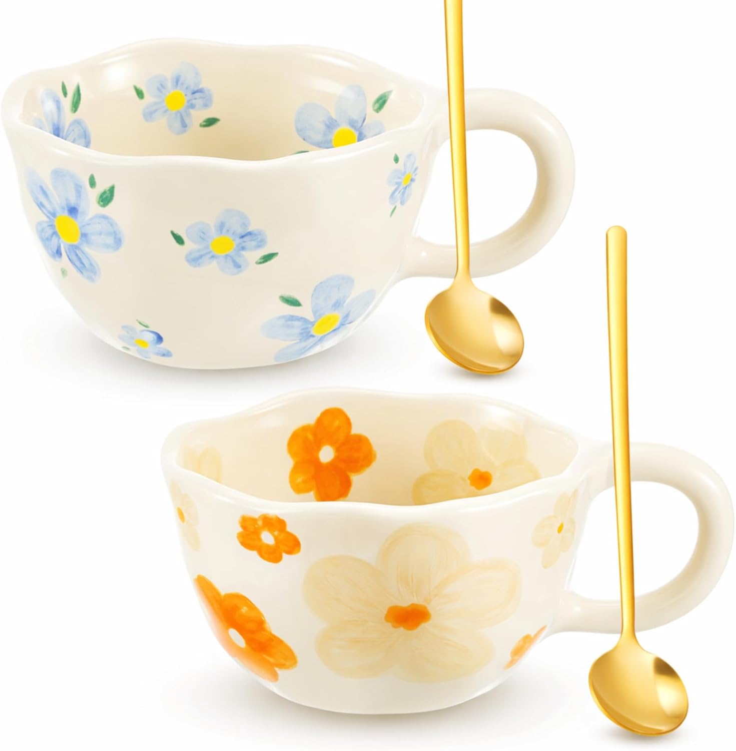 Vesici 2 Pcs Ceramic Coffee Mugs with Spoon, Vintage Floral Spring Mugs with Handle, 8.5 oz Aesthetic Flower Porcelain Tea Cup Set, Dishwasher & Microwave Safe Mothers Day Gifts for Mom(Vivid)
