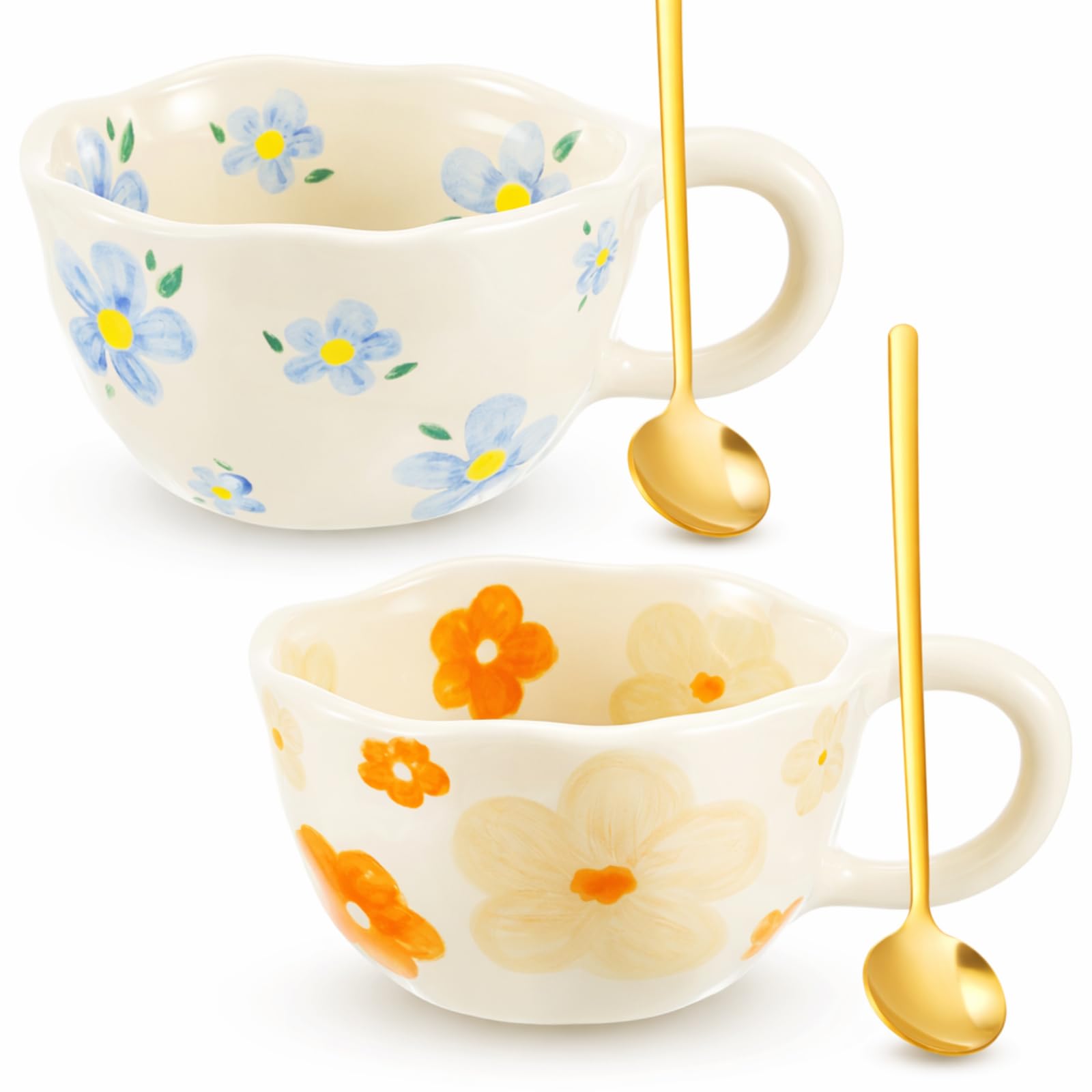 2 Pcs Ceramic Coffee Mugs Flower Cups with Spoon Vintage Floral Mugs with Handle 8.5 oz Aesthetic Tea Porcelain Cup Gift for Valentine Office Home, Dishwasher and Microwave Safe(Vivid)