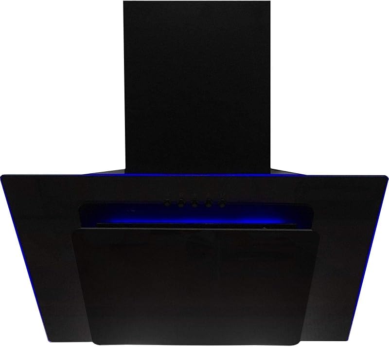 SIA 90cm Black Glass Angled Kitchen Cooker Hood Chimney Extractor Fan With Red Blue And Green LED Edge Lit Mood Lighting AGE91BL-AMZ1