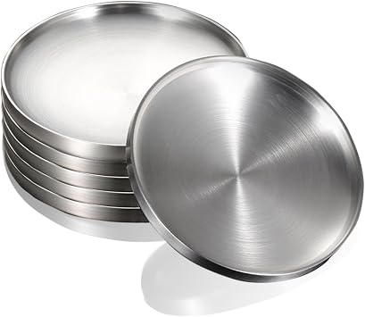 CAMBUY Stainless Steel Plates 6Pcs 7.5inch Double Layered Dinner Plate set | Reusable Unbreakable Lightweight Non-Toxin Dishwasher Safe Daily Use Metal Dishes for Kitchen Restaurant Outdoor Camping