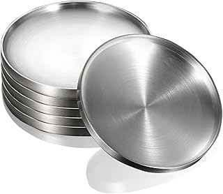 Stainless Steel Plates 6 Pcs Metal Double Layered Dinner Plates Unbreakable Dinner Dishes Set for Kitchen Home Camping Outdoor Party BBQ (7.5 inch)