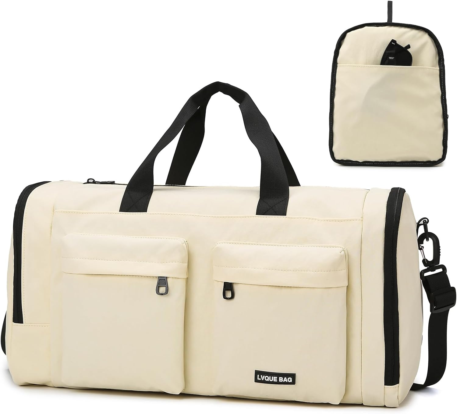 30L Foldable Gym Duffel Bag with Shoe Compartment for Men Women, Small Packable Weekender Bag with Wet Pocket, Beige