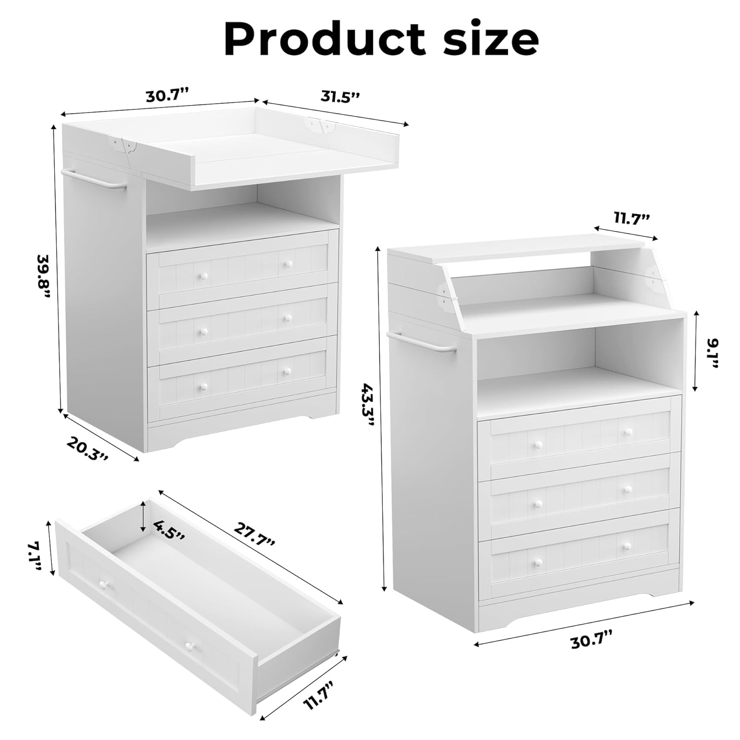 Baby Changing Table with Foldable Tabletop, White Baby Dresser with 3 Drawers & Open Storage Space, Modern Diaper Changing Station with Storage, Perfect for Bedroom & Nursery (Pad Not Included)