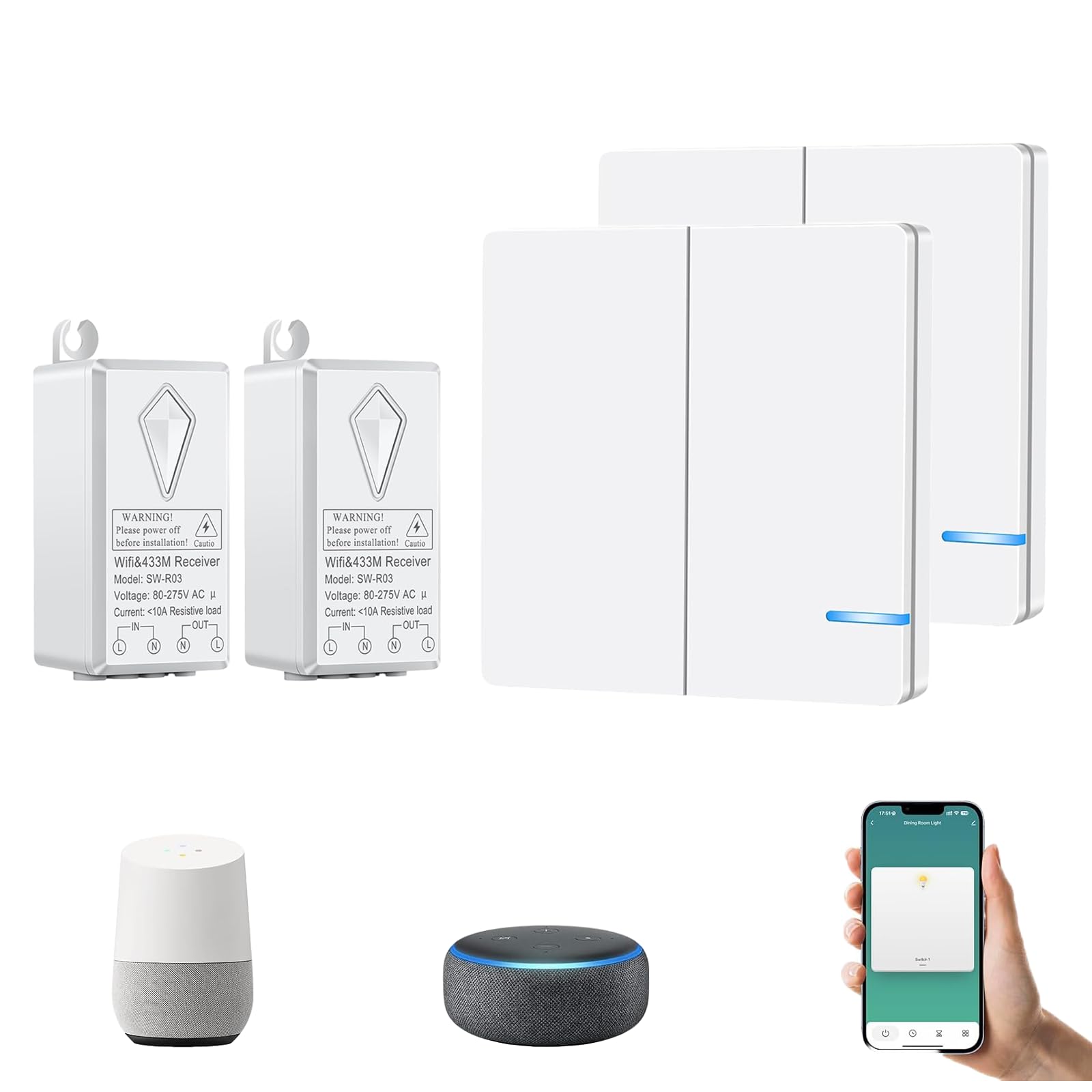 NineLeaf Smart Wireless Switch with Receiver, No Wiring Required, Voice Control with Alexa and Google Assistant, Multiple Switch for Home Lighting (2 Switches + 2 WLAN Receivers)