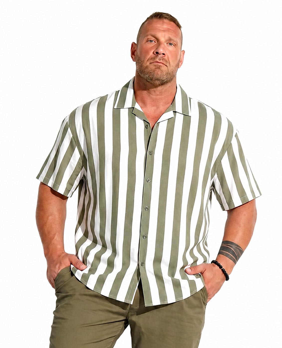 toughtees Men's Short Sleeve Striped Shirt, Olive Green and White, Button-Up, Relaxed Fit, Casual Summer Style-picture-13