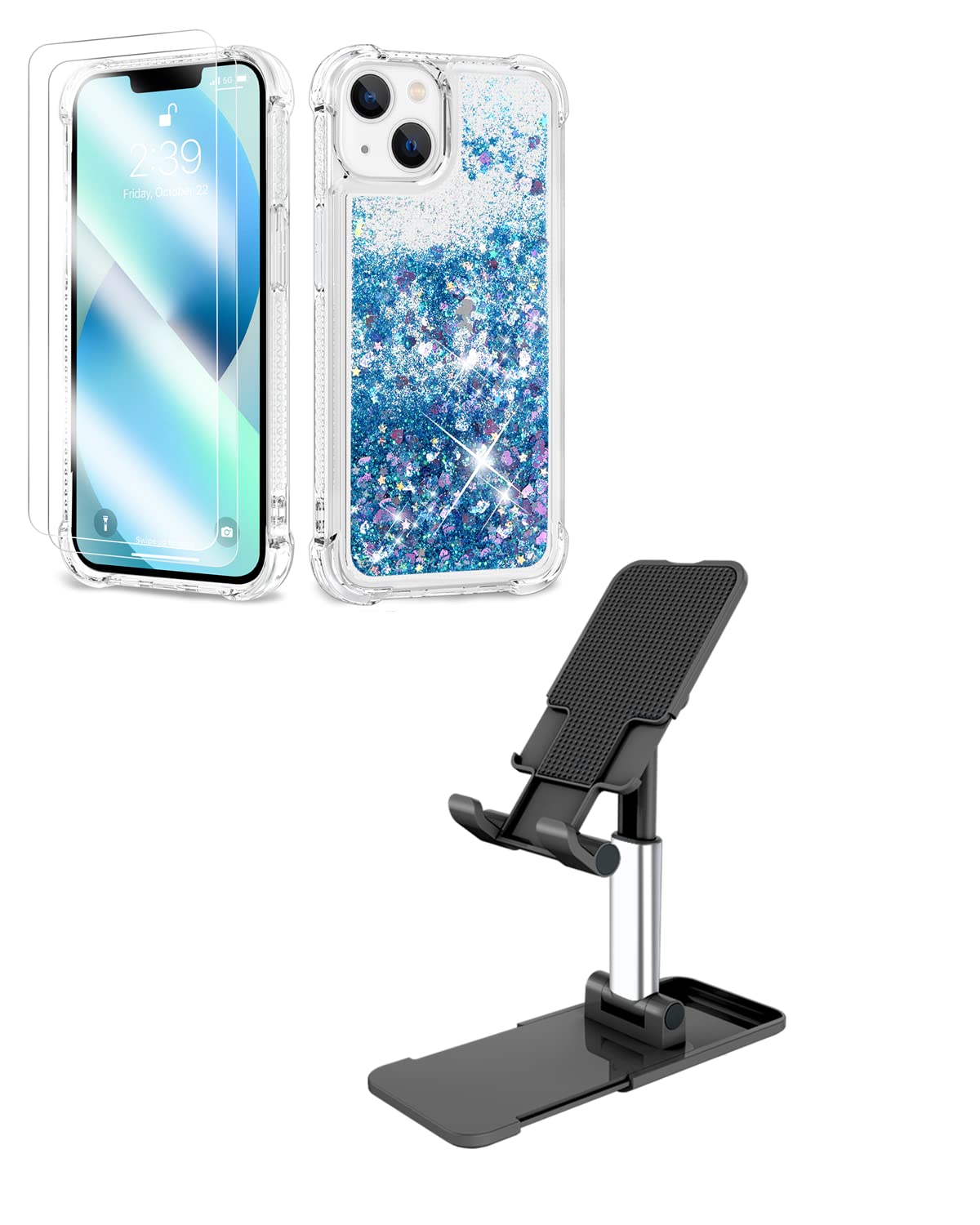 ANSHOW Compatible with iPhone 14 Phone Stand and Blue Glitter Case for iPhone 14, Liquid Glitter Phone Case with 2 Screen Protectors