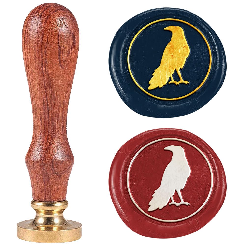 DELORIGIN Crow Wax Seal Stamp Vintage Raven Sealing Stamps 25mm Removable Brass Head Seal Stamp with Wooden Handle for Halloween Christmas Envelope Greeting Card Invitations Gift Wrapping