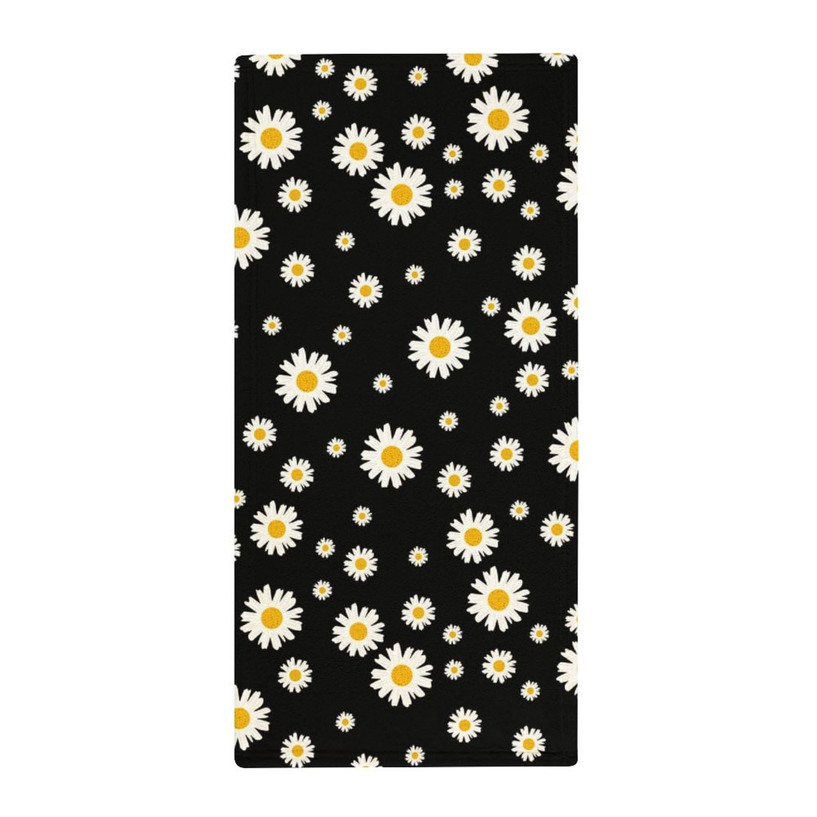 White Yellow Daisy Flower Black Pattern Coral Fleece Towel Fast Dry Super Absorbent Washcloths for Beach Bath Pool