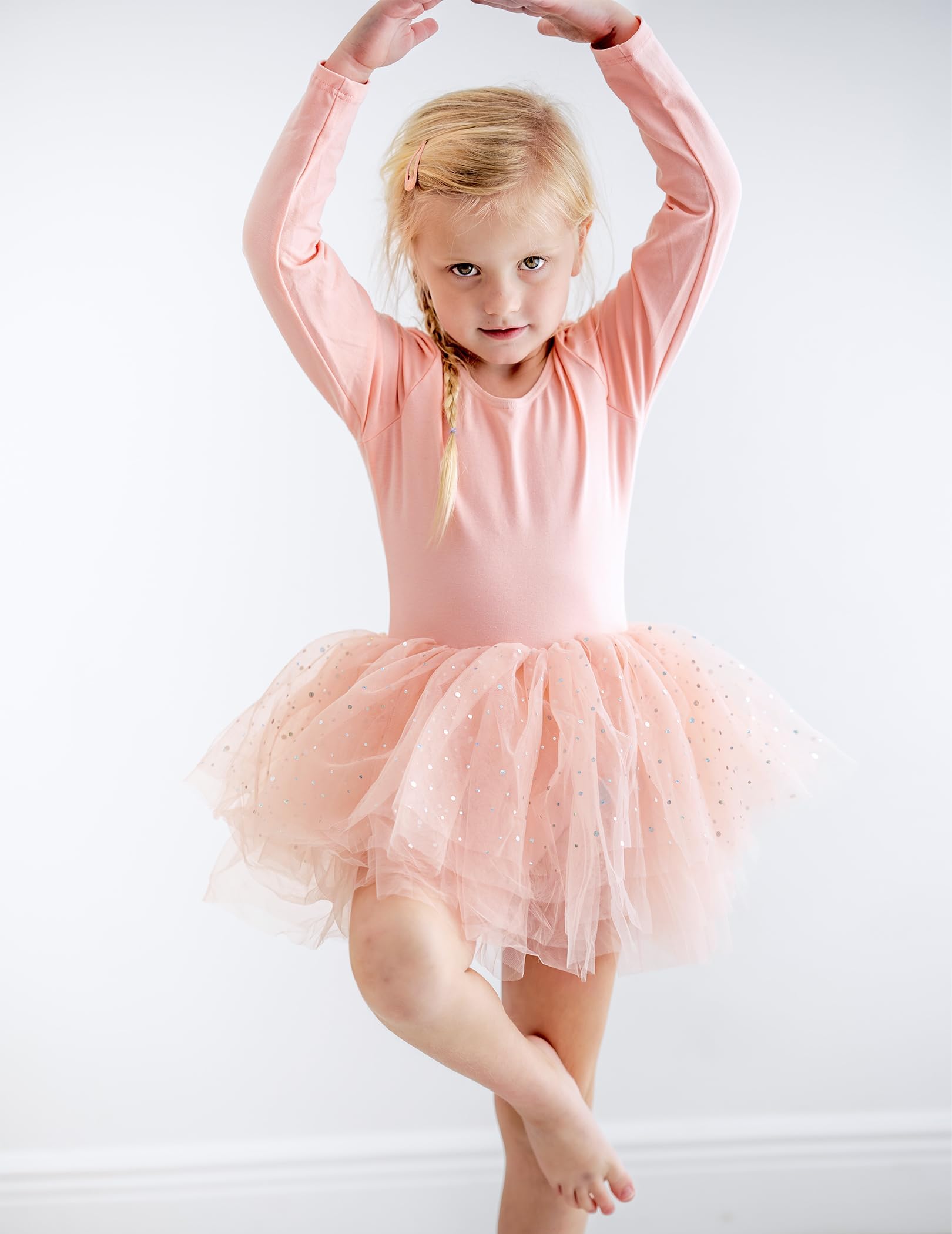 Arshiner Vestido de Tutú de Ballet para Niñas Malla de Manga Larga Traje de Baile de 4 Capas con Falda Brillante Traje de Ballet, Ropa de Baile para Edades de 2 a 11 años