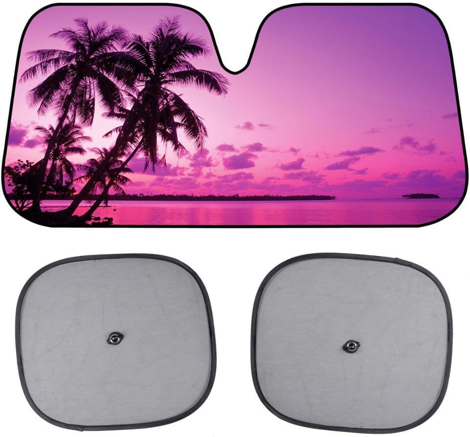 BDK Pink Purple Sunset Beach Accordion Folding Car Windshield Sun Shade with 2 Side Car Window...