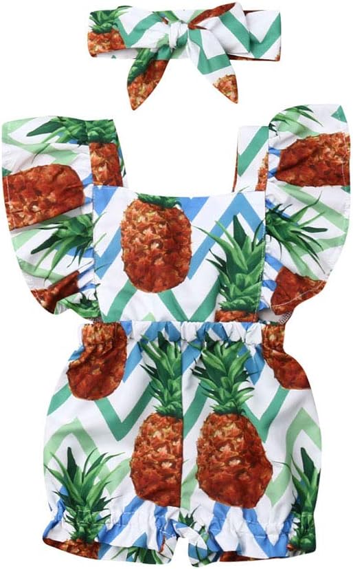Newborn Baby Girl Floral Bodysuit+Headnband 2pcs Summer Flare Sleeve Fashion Jumpsuit 0-24Months