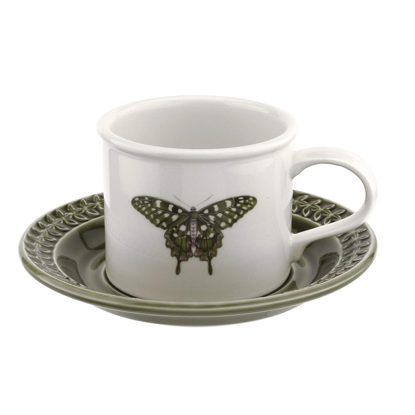 Portmeirion Botanic Garden Harmony 9oz Breakfast Cup & Saucer, Embossed Green Butterfly - Fine Earthenware Drinkware for High Tea, Dishwasher & Microwave Safe - Made in England (Forest Green)