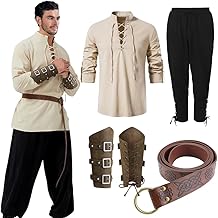 EUBSWA Vêtements médiévaux de la Renaissance pour homme, chemise Viking, médiéval, pantalon, costume avec ceinture, sangle de poignet et accessoires