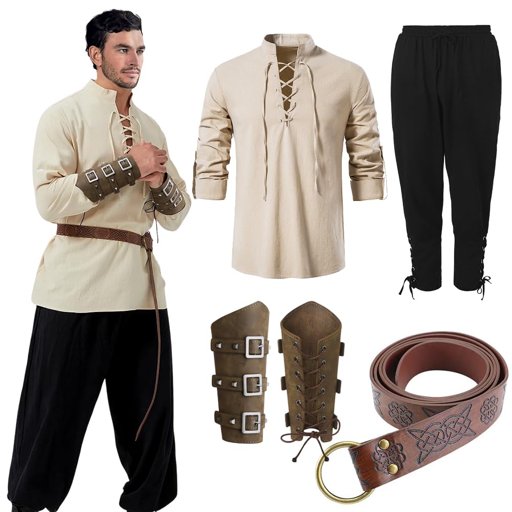 EUBSWA Medieval Renaissance Clothing Men's Viking Medieval Men's Shirt Trousers Costume with Belt Wrist Strap Accessories, M
