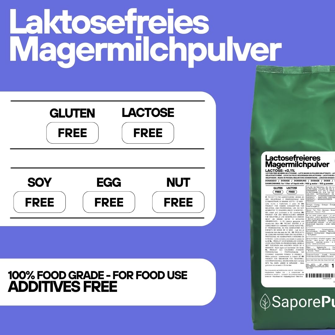 SaporePuro Laktosefreies Magermilchpulver 1 kg | Hohe Löslichkeit | Ideal für Backwaren, Brot und Speiseeis | Professionelle und industrielle Verwendung | Laktosefrei | Glutenfrei
