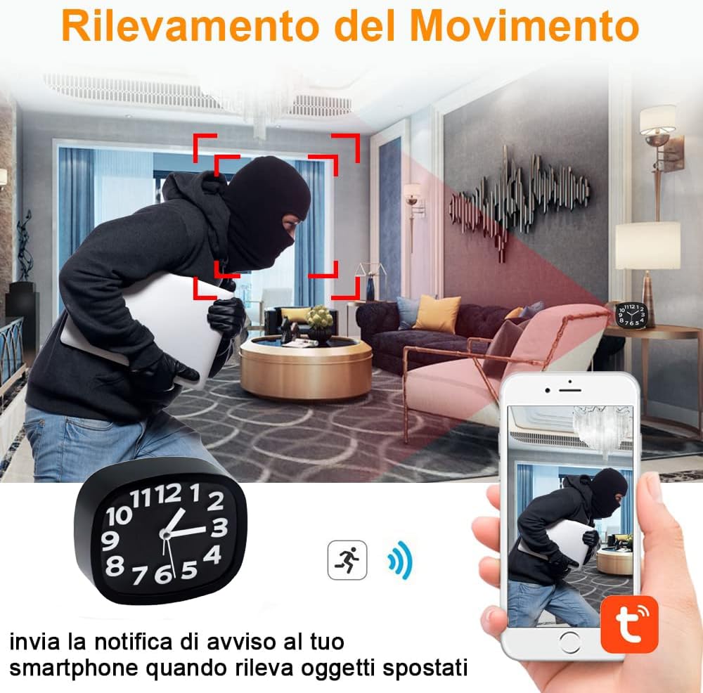 Telecamera Spia 1080P - ORLOGIO Sveglia WiFi con Rilevamento Movimento, Visione Notturna, Microfono, Visione da cellulare IOS/Android APP TUYA Monitoraggio Casa e Ufficio (C6)