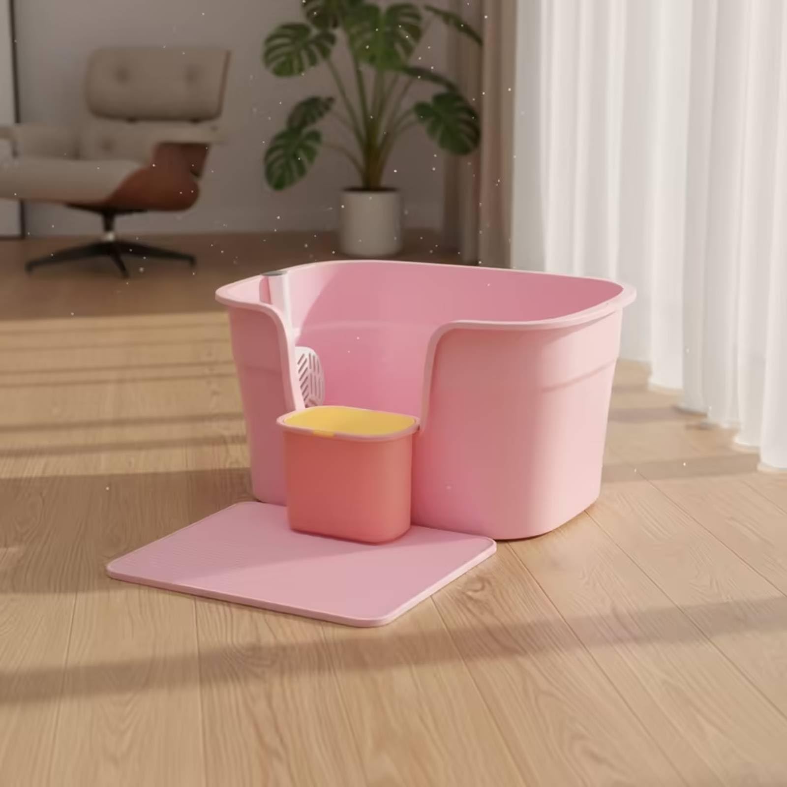 Lettiera con Tappetino Ingresso Basso Lettiera Aperta Spaziosa Cassetta Igienica per Gatti, Gattini, Casa, Appartamento, 豪华款浅灰紫, 犬猫通用