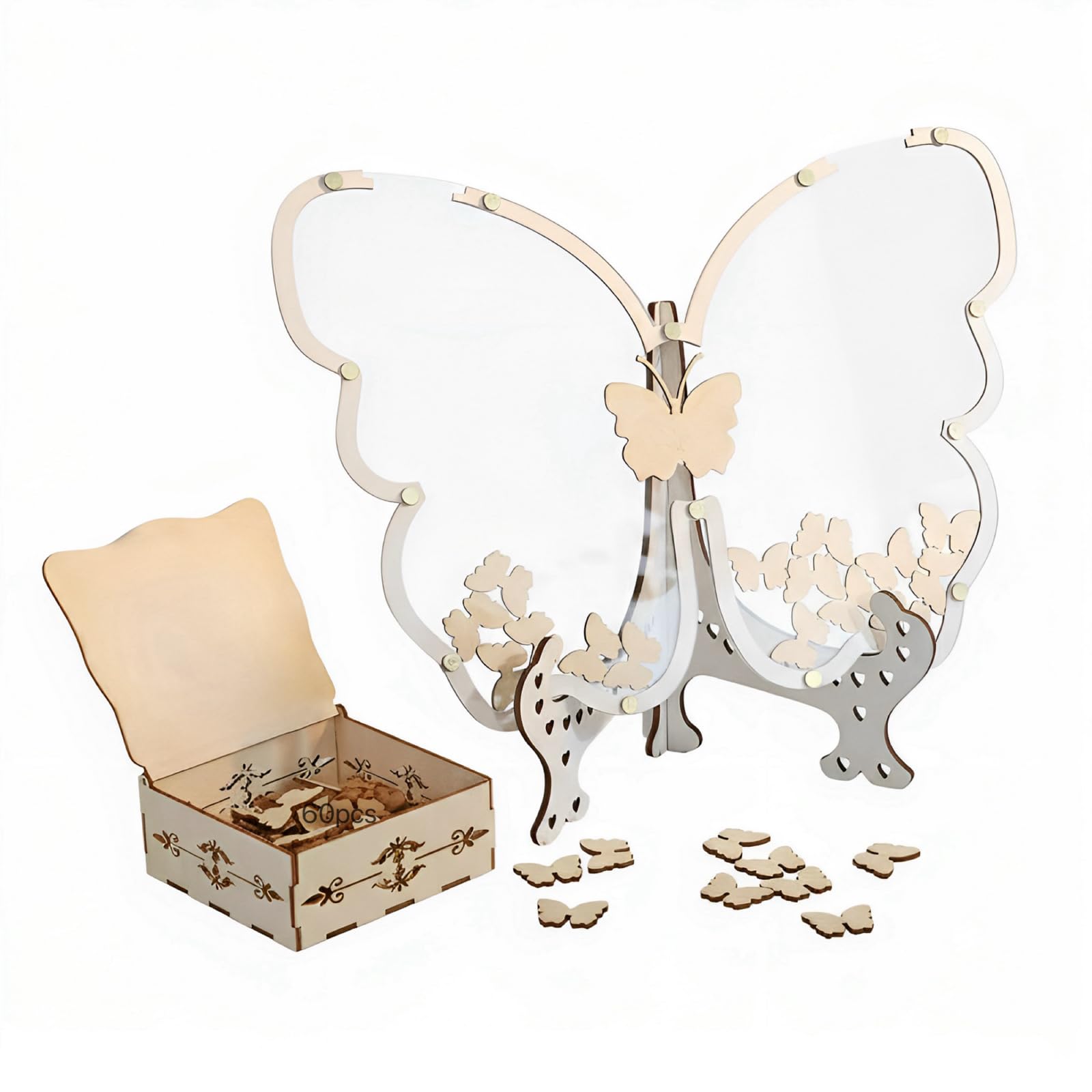Packool Acrylic Wedding Signature Frame 60 Pcs Wood Butterfly Guest Book, Unique Quincea帽era Guest Book Keepsake, 11.8 x 10 in Butterfly Drop Box with Wood Box, Personalized Decoration